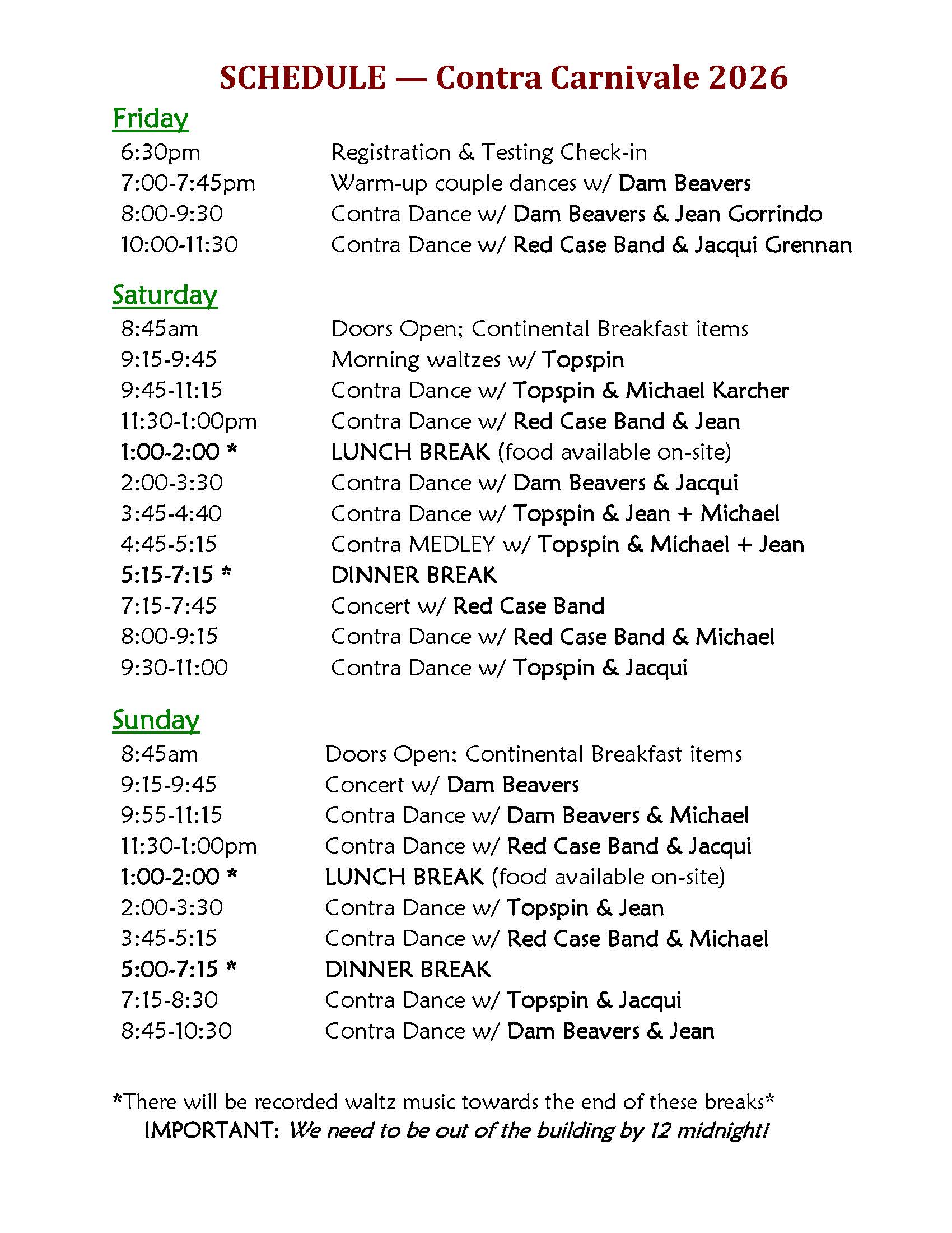 Contra Carnivale 2026 schedule